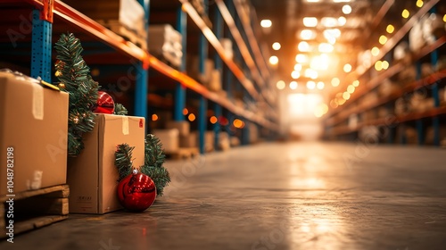 A warehouse aisle filled with boxes, decorated with Christmas ornaments and greenery. photo