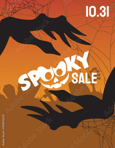 Halloween day poster or banner background vector template. creepy witch hands and inscription. Halloween, zombies, pumpkins, ghost, moon, creepy trees, cemetery, cobweb and realistic 3d Halloween desi