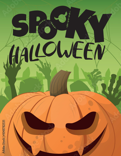 Halloween day poster or banner vector template. Halloween, zombies, pumpkins, hands, ghost, creepy trees, cemetery, cobwebs and realistic 3d Halloween design elements.
