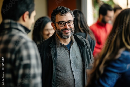 Smiling man with glasses and beard in a crowd