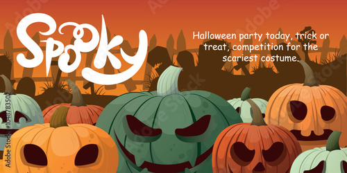Halloween day poster or banner vector template. Halloween, zombies, pumpkins, hands, ghost, creepy trees, cemetery, cobwebs and realistic 3d Halloween design elements.