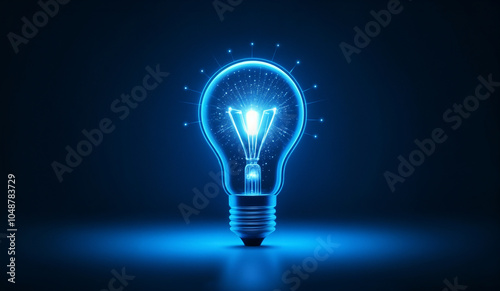 Blue holographic glowing lightbulb with copy space.
