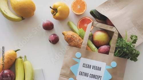 White Table with Paper Bag and Fresh Fruits and Vegetables