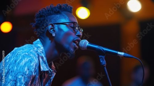 Musician performing on stage with microphone and colorful lighting