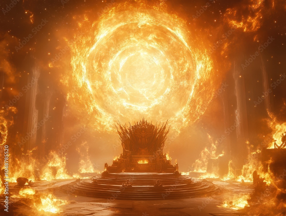 Dramatic fiery apocalyptic landscape with a glowing celestial sphere and a towering throne-like structure Dramatic fiery apocalyptic landscape with a glowing celestial sphere and a towering throne-like structure
