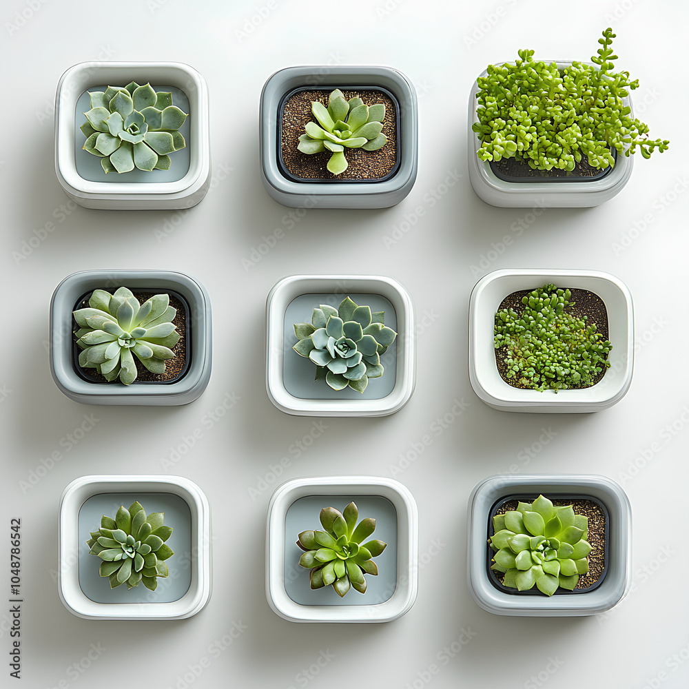Succulents in Square Pots on White Background