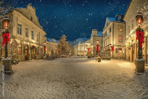 Snowy winter night in a charming european town with decorated buildings and christmas tree