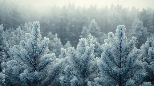 Frozen Pines in a Misty Winter Wonderland: A tranquil scene of frosted pine trees shrouded in a mystical fog, evokes serenity and the beauty of a winter wonderland. 