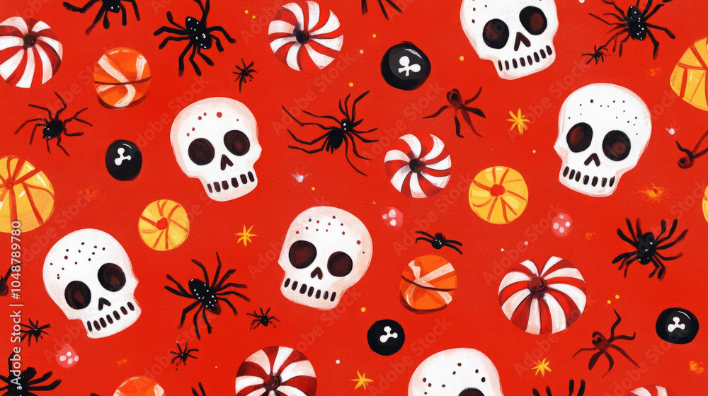 Colorful Halloween-themed pattern featuring skulls, candies, and spiders. Colorful Halloween-themed pattern featuring skulls, candies, and spiders.