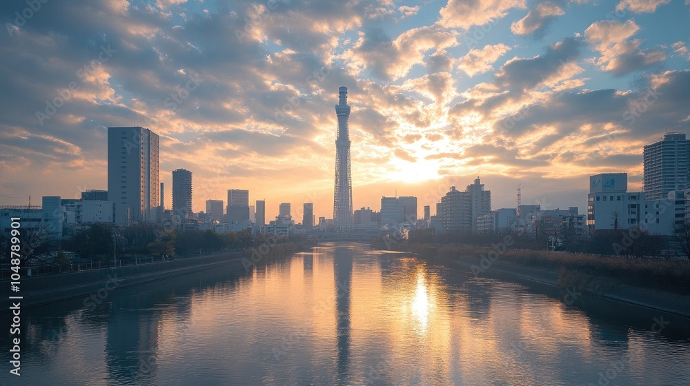 A panoramic view of a city skyline with a tall skyscraper and a river in the foreground during a sunrise. A panoramic view of a city skyline with a tall skyscraper and a river in the foreground during a sunrise.