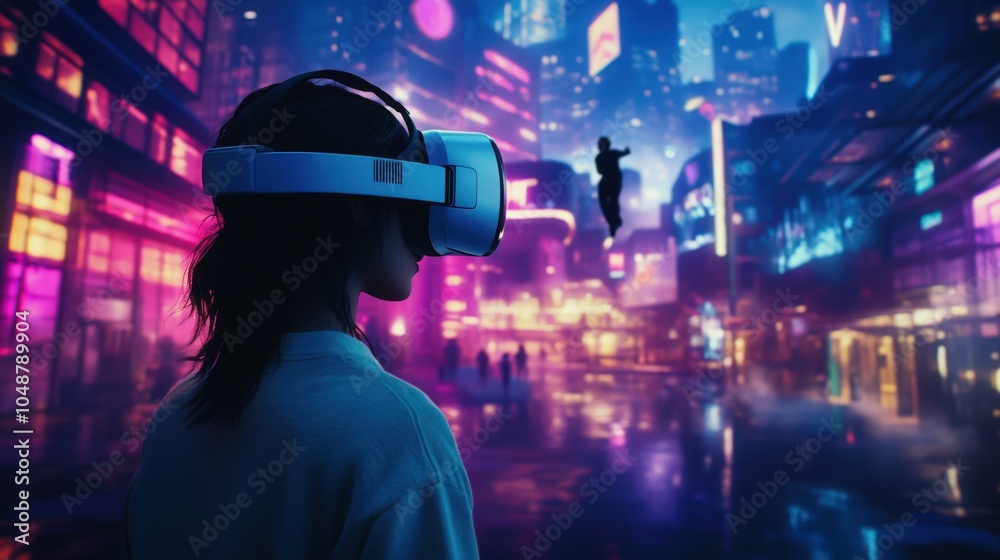 person wearing virtual reality headset in futuristic city at night person wearing virtual reality headset in futuristic city at night