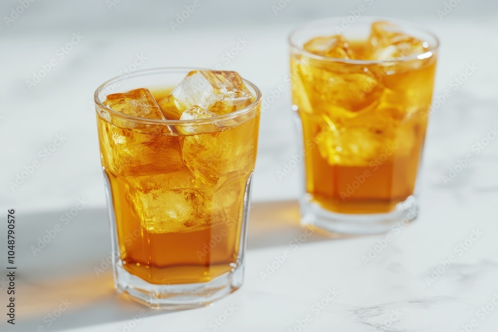 Refreshing Cold Beverage with Ice in Glass Cups Refreshing Cold Beverage with Ice in Glass Cups