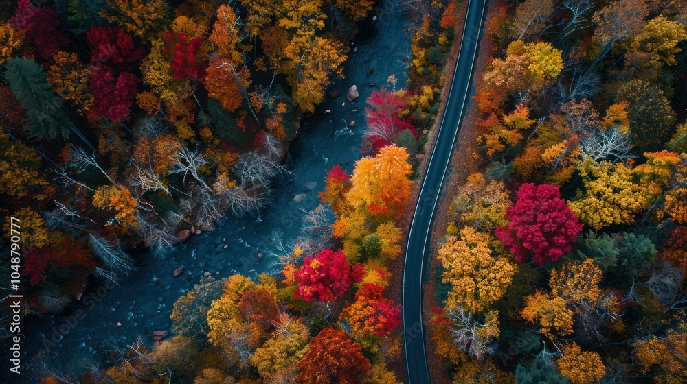 Aerial View of a Winding Road Through an Autumn Forest Aerial View of a Winding Road Through an Autumn Forest