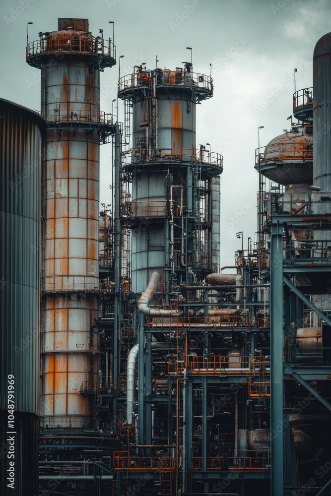 Obraz premium Tall industrial pipes and structures with an overcast sky in the background.