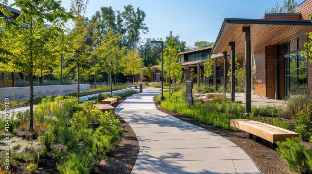 A Concrete Pathway Winding Through a Landscaped Courtyard with Modern Buildings A Concrete Pathway Winding Through a Landscaped Courtyard with Modern Buildings