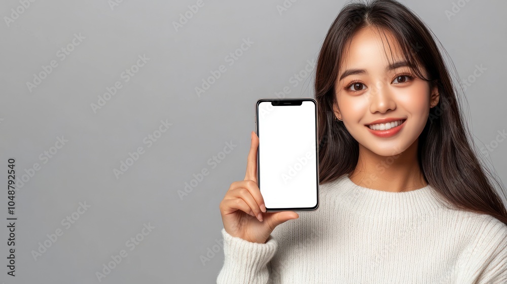Smiling Woman Holding Smartphone with Blank Screen Smiling Woman Holding Smartphone with Blank Screen