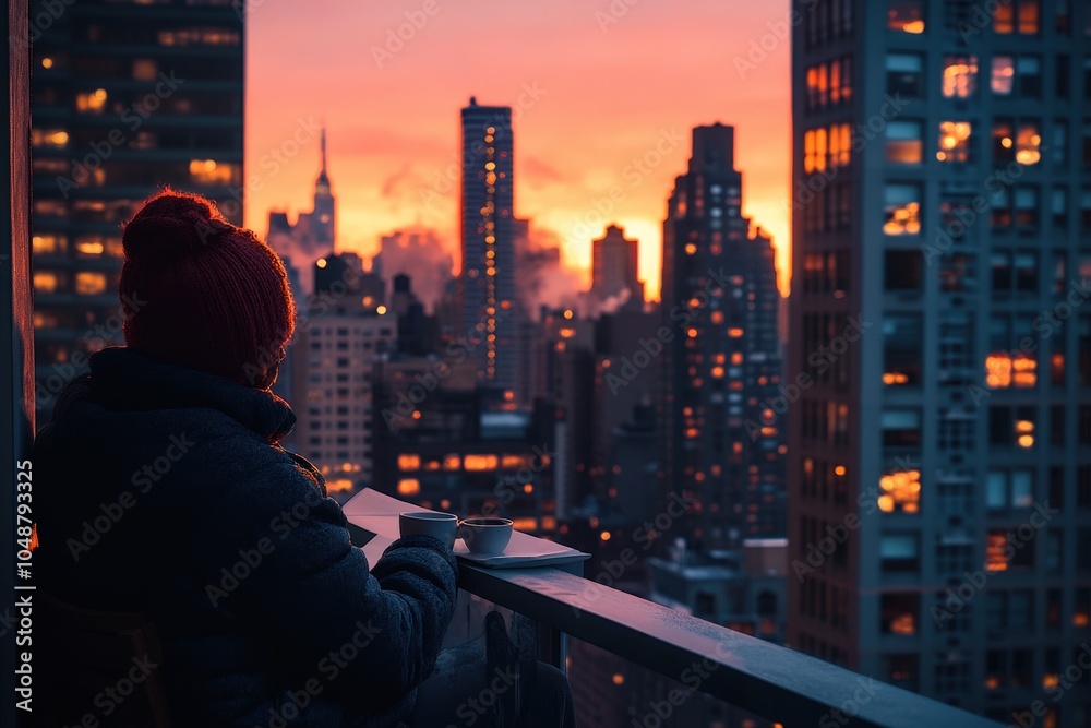 Silhouetted figure gazing at the vibrant cityscape at sunset Silhouetted figure gazing at the vibrant cityscape at sunset