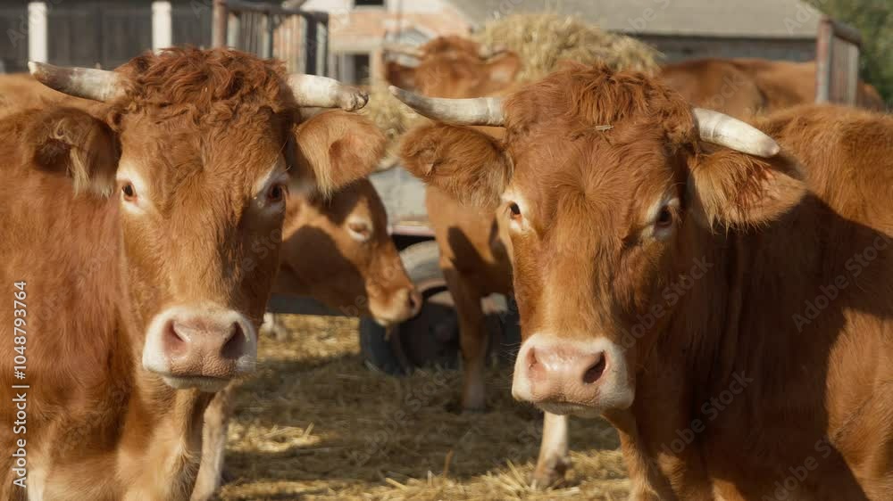 The muzzles of two purebred French beef cows of the Limousine breed in close-up. The cow looks curiously at the camera, licks her nose, thrusts her tongue into her nostrils and scratches her side. The muzzles of two purebred French beef cows of the Limousine breed in close-up. The cow looks curiously at the camera, licks her nose, thrusts her tongue into her nostrils and scratches her side.