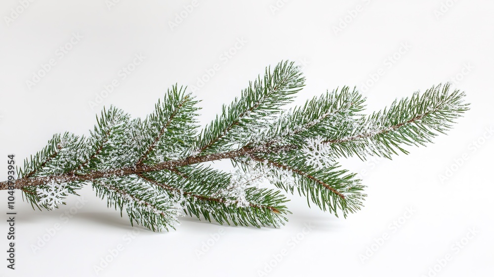 Snow-dusted pine branch on plain white background Snow-dusted pine branch on plain white background
