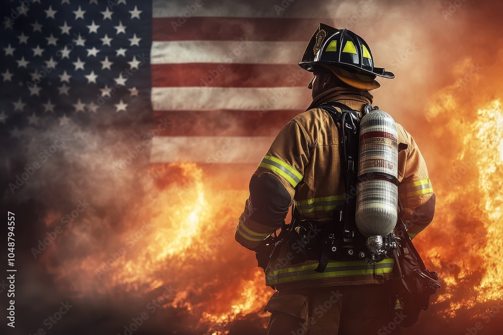 Fototapeta premium Firefighter in Uniform with American Flag and Flames in Background, High-Resolution Photo