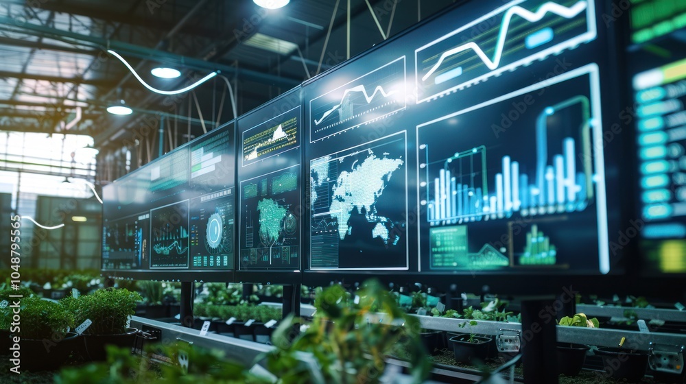 A Row of Monitors Displaying Charts, Graphs, and a World Map in a Greenhouse Setting A Row of Monitors Displaying Charts, Graphs, and a World Map in a Greenhouse Setting