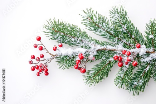 Snowy pine branch with red berries on white