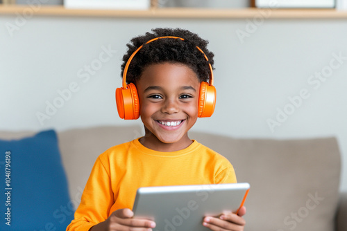 
Young child wearing vibrant headphones, smiling while holding a tablet, cozy living room background, 