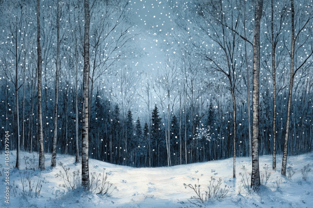 Snowy winter landscape with birch trees and falling snowflakes Snowy winter landscape with birch trees and falling snowflakes
