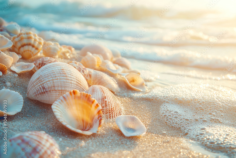 Horizontal Full Frame Shot Of Beautiful Seashells On Beach in wet sand. Horizontal Full Frame Shot Of Beautiful Seashells On Beach in wet sand.