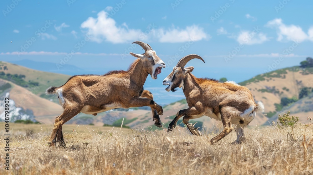 Fototapeta premium Two goats locked in a playful sparring match on a grassy hillside.
