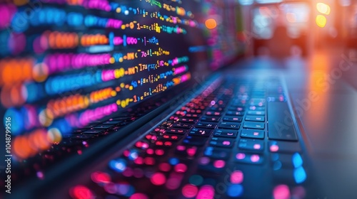 Colorful code displayed on a laptop at a modern workspace during evening hours