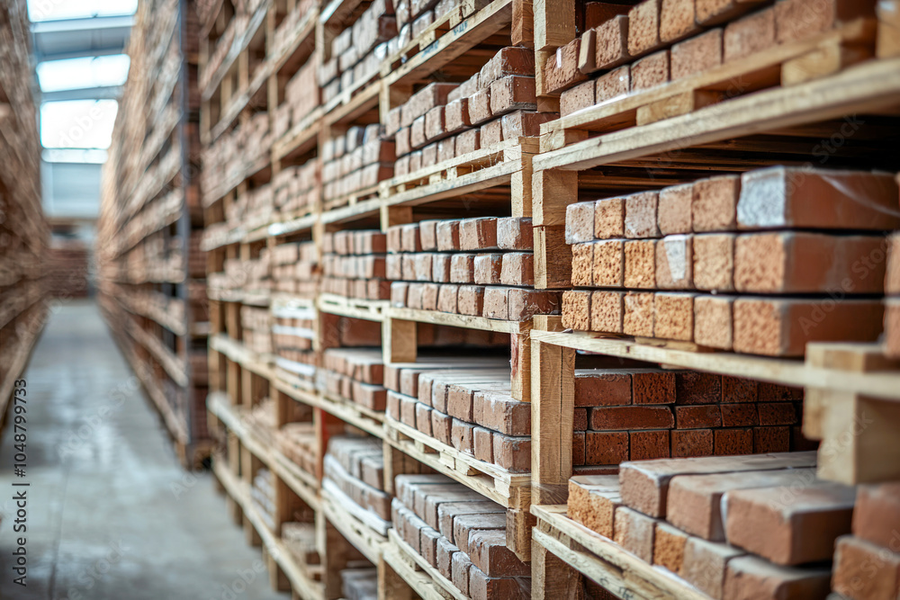 Fototapeta premium Pallets with bricks in the building store. Racks with brick.