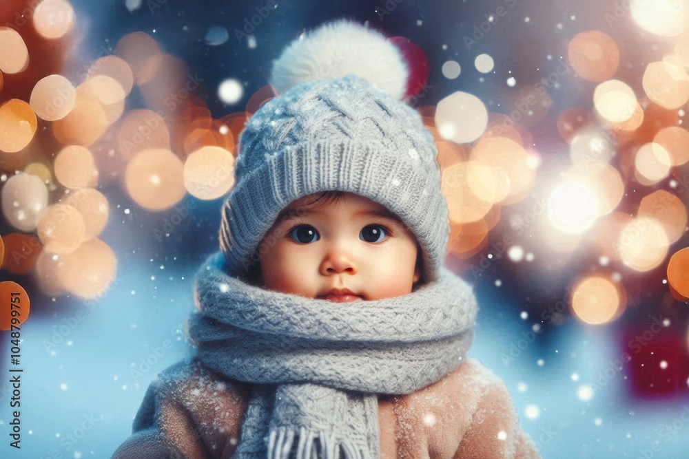 Ein kleines asiatisches Kind in Winterkleidung mit Mütze, Schal und Handschuhen steht im Schneefall vor festlich beleuchtetem Hintergrund. Winterliche, gemütliche Stimmung. Generative KI. Ein kleines asiatisches Kind in Winterkleidung mit Mütze, Schal und Handschuhen steht im Schneefall vor festlich beleuchtetem Hintergrund. Winterliche, gemütliche Stimmung. Generative KI.