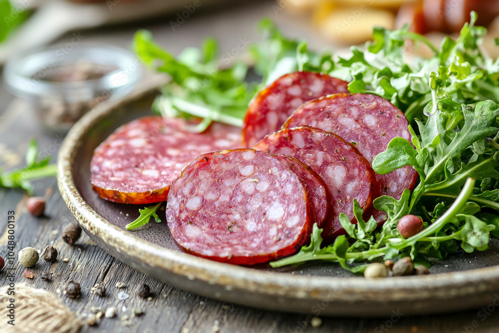 Smoked sausage salami sliced on a plate with greens. Smoked sausage salami sliced on a plate with greens.
