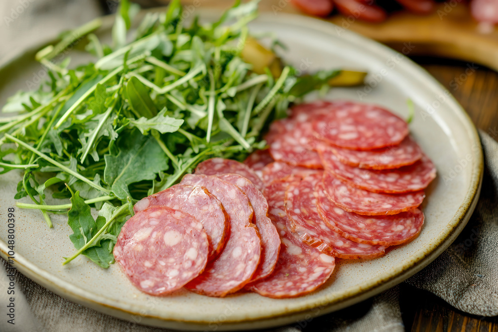Smoked sausage salami sliced on a plate with greens. Smoked sausage salami sliced on a plate with greens.