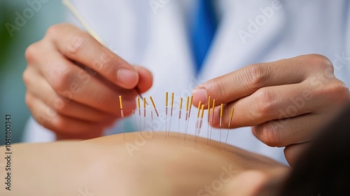 Doctor in China explaining acupuncture points and their health benefits to patients. photo