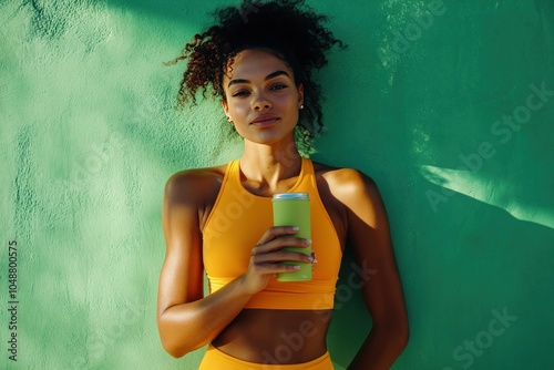 Fit Woman with Beverage Against Green Wall
