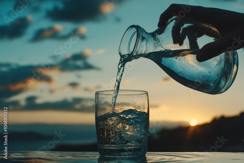 Refreshing Water Poured into Glass at Sunset