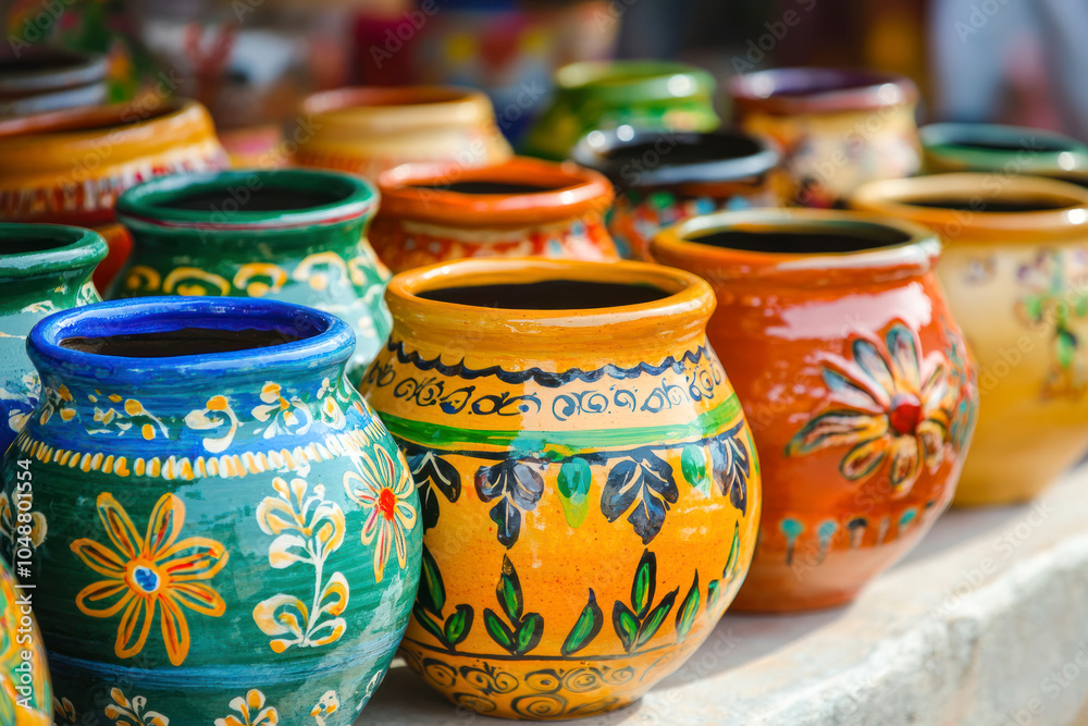 Variety of Colorfully Mexican Painted Ceramic Pots. Variety of Colorfully Mexican Painted Ceramic Pots.