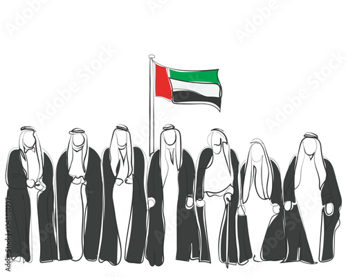 Hand drawn line art vector of Arab men. United Arab emirates. Arab united under one flag