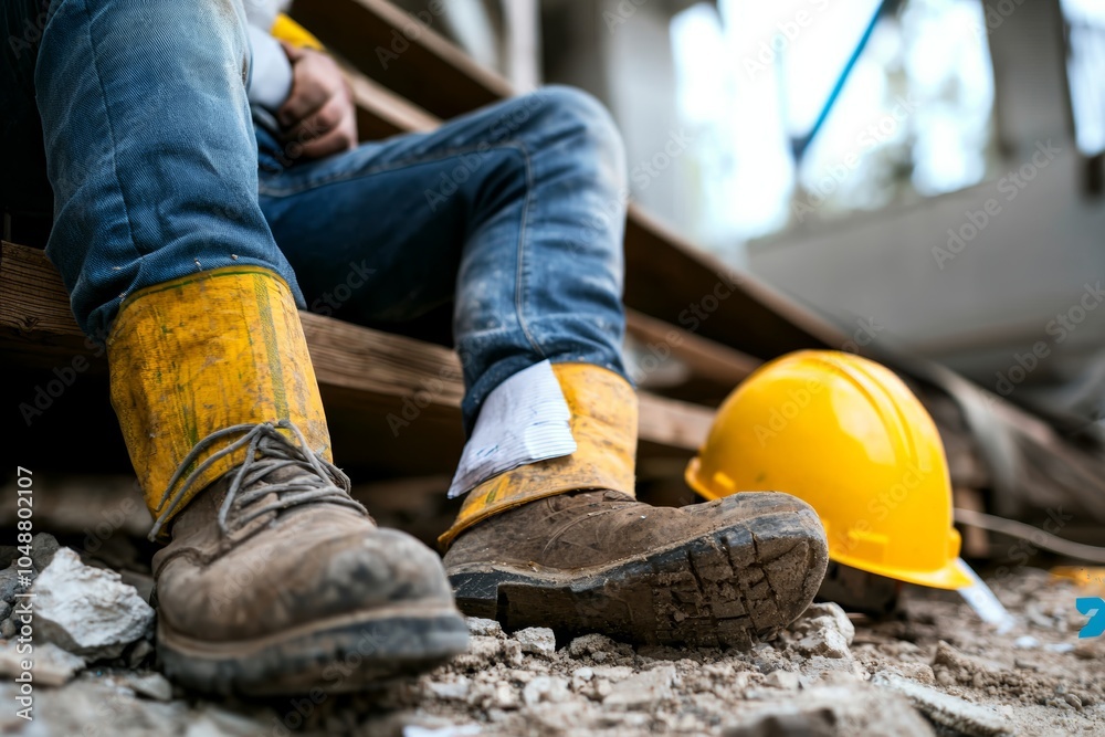 Close-up of a construction worker's boots and hard hat on a building site. Safety gear highlights the importance of workplace protection. Close-up of a construction worker's boots and hard hat on a building site. Safety gear highlights the importance of workplace protection.