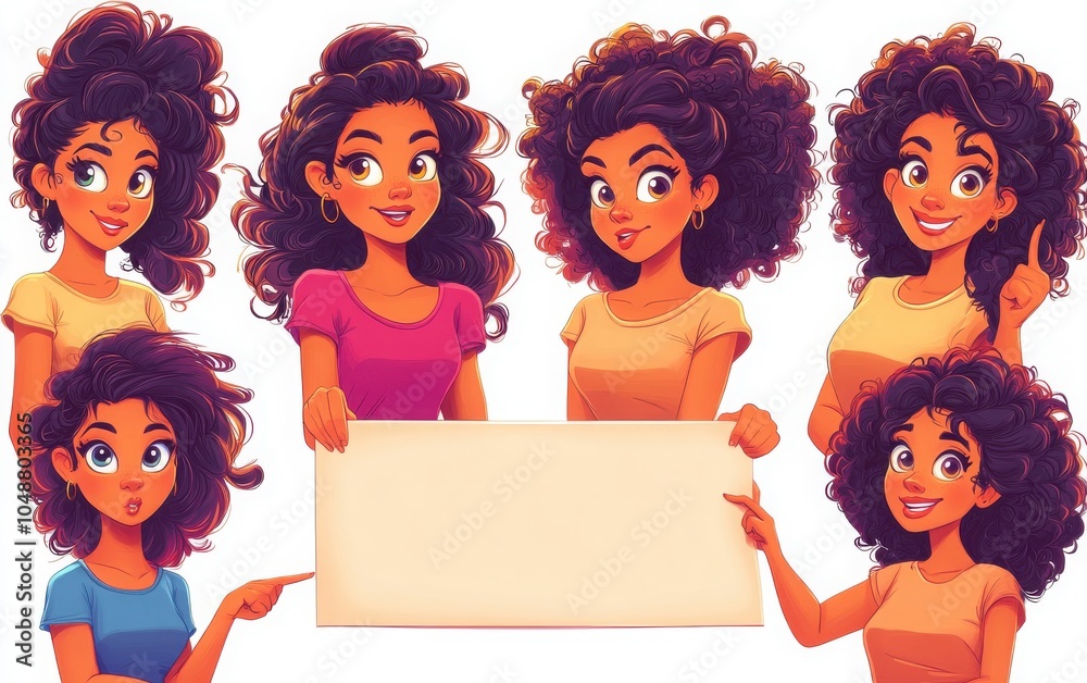 Obraz premium A collection of young beautiful women with curly hair, each holding and pointing to an empty blank board. They showcase different expressions such as excitement, curiosity