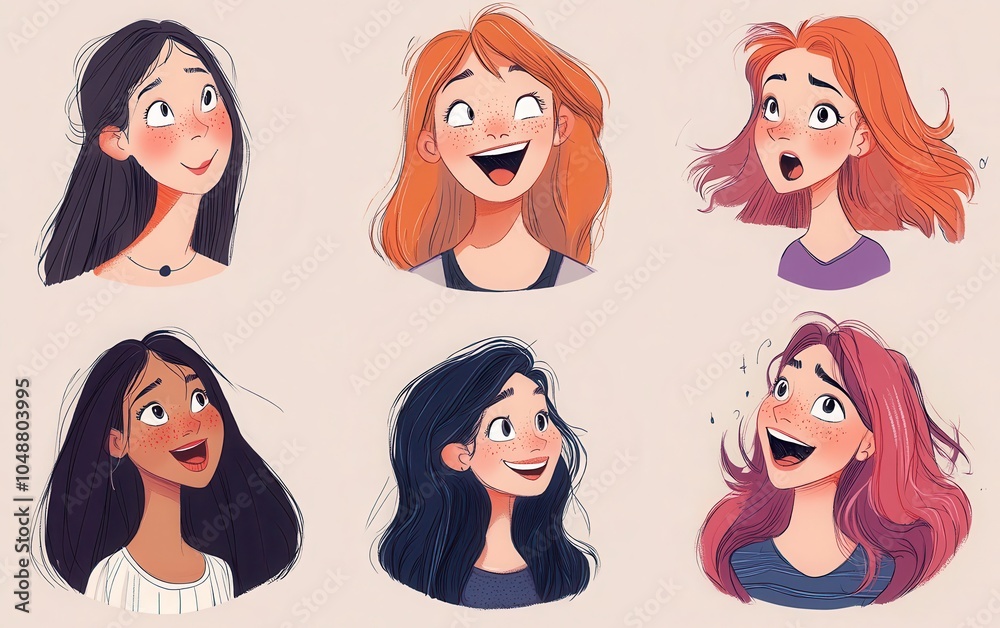 et of stylish young women displaying a variety of expressions, including laughter, confusion, joy, and curiosity. Each character is rendered with detailed linework and a modern cartoon aesthetic et of stylish young women displaying a variety of expressions, including laughter, confusion, joy, and curiosity. Each character is rendered with detailed linework and a modern cartoon aesthetic