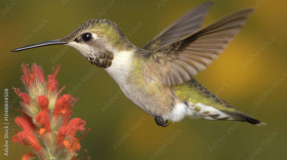 Fototapeta premium A close-up of a hummingbird hovering near a flower