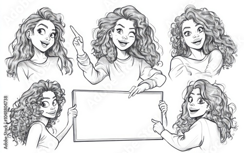 Set of stylish young women with curly hair, each depicted in various poses while pointing to a blank board. 