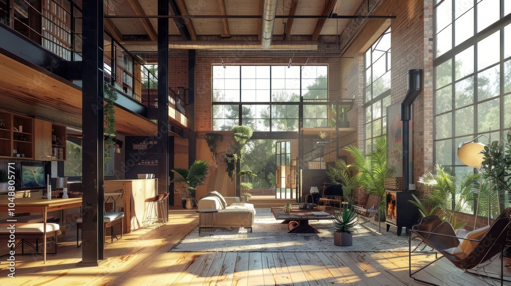 Modern Loft Apartment with Exposed Brick Walls and Large Windows