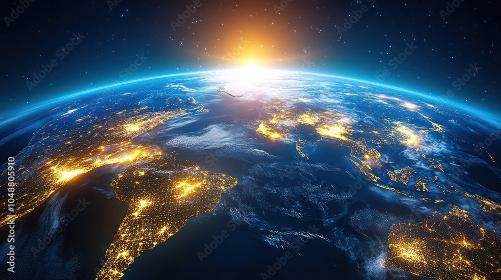 3D rendering of Earth with glowing city lights, highlighting the bustling urban areas of the world. 3D rendering of Earth with glowing city lights, highlighting the bustling urban areas of the world.