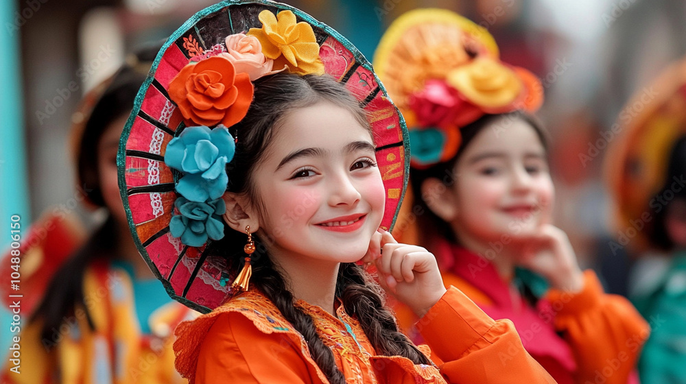 Fototapeta premium A whimsical scene of children dressed in imaginative costumes, playing and pretending in a colorful outdoor setting,