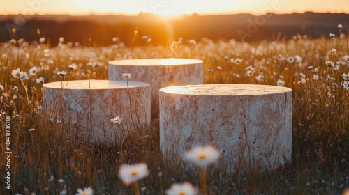 Fototapeta Naklejka Na Ścianę i Meble -  Three round wooden podiums on a grassy field with white daisies in the foreground and a sunset behind them.