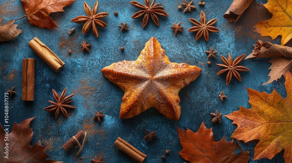 Freshly baked cinnamon star bread on a rustic blue surface, surrounded by autumn leaves and spices like cinnamon sticks and star anise Freshly baked cinnamon star bread on a rustic blue surface, surrounded by autumn leaves and spices like cinnamon sticks and star anise